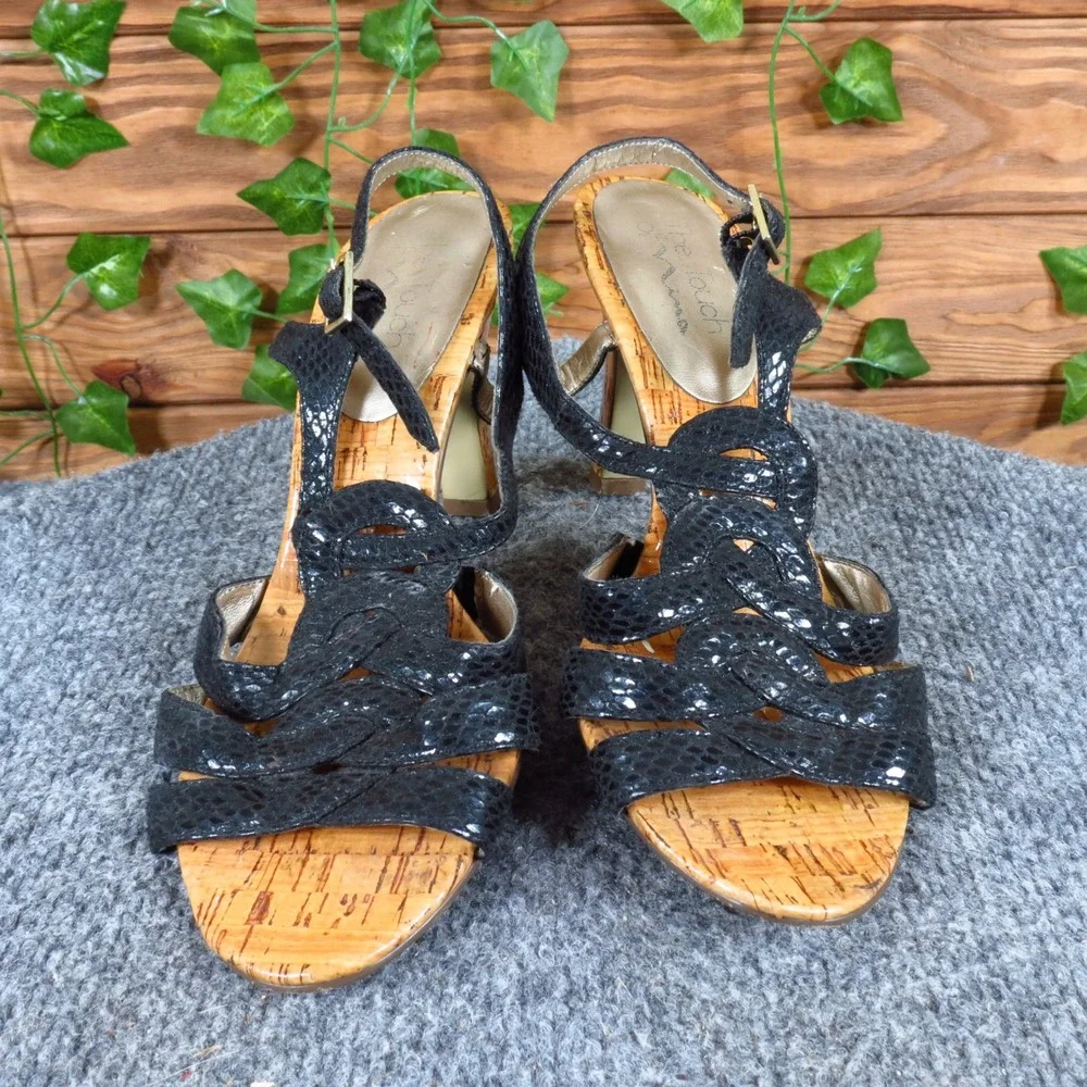 Touch of‎ Nina Larado Women Heel Size 8 Dress Sandal Black Leather Cork Strappy